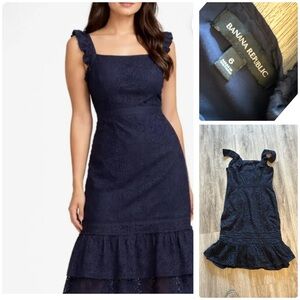 Banana Republic Midnight Blue Eyelet Pinafore Midi Dress with Ruffle Straps/Hem